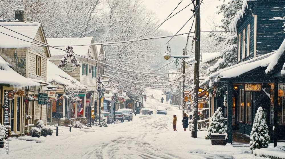 Snowy Village Street Scene: Winter Wonderland in a Charming Town