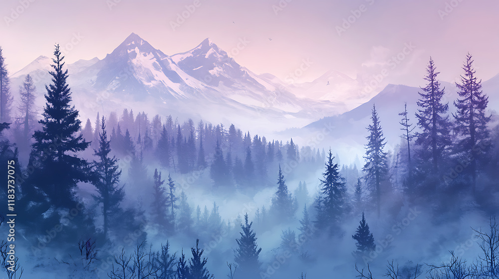 Obraz premium Foggy snow-covered coniferous forest, trees in the winter shroud, snow-capped mountains on the horizon, winter epic landscape