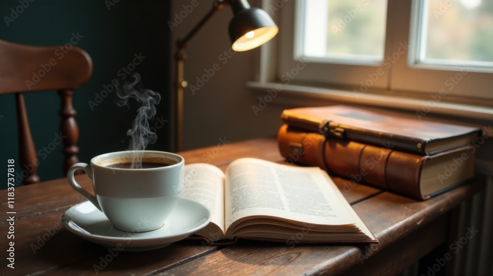 Warm Coffee Steam Rising Beside Open Book and Leather-Bound Volumes on Wooden Desk Warm Coffee Steam Rising Beside Open Book and Leather-Bound Volumes on Wooden Desk