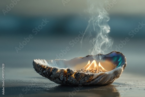 Lighting white sage and palo santo in an abalone shell to spread positive energy and clear negativity through smoke photo