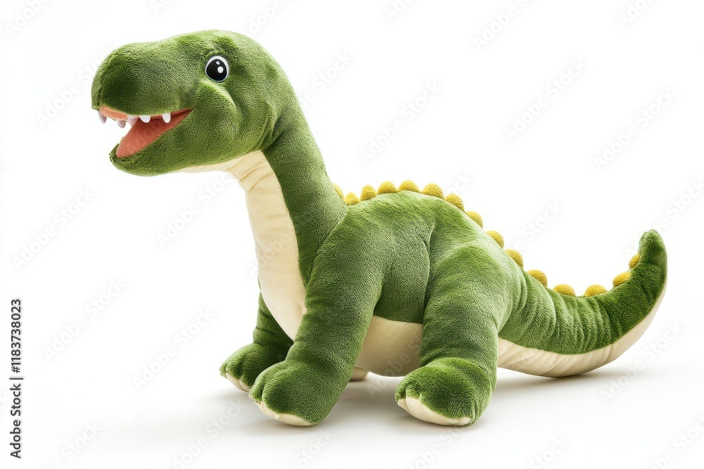 Fototapeta premium Lone green stuffed dinosaur on a white backdrop