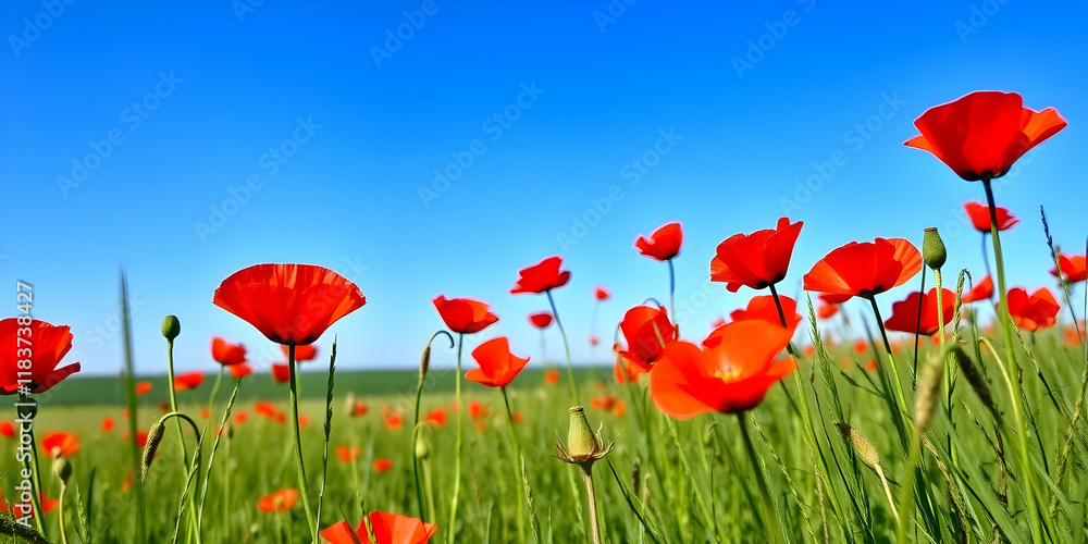 Obraz premium Vibrant red poppies, green field, blue sky, sunny day, close-up flowers, meadow landscape, wildflowers, nature photography, high contrast, vivid colors, summer scene, floral beauty, shallow depth 