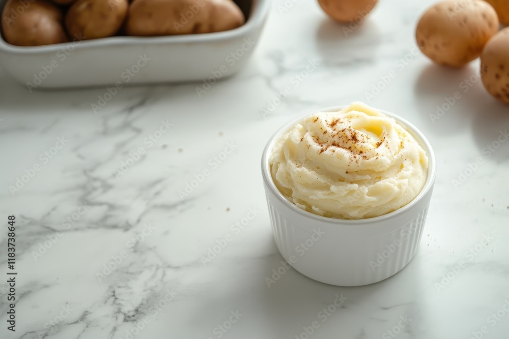 Mashed potatoes on a marble tabletop Image for packaging Mashed potatoes on a marble tabletop Image for packaging