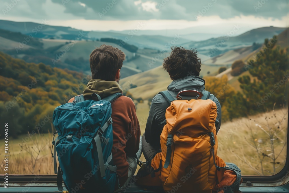 Two friends enjoying a scenic view in nature, surrounded by lush hills and dramatic clouds, adventure awaits. Two friends enjoying a scenic view in nature, surrounded by lush hills and dramatic clouds, adventure awaits.