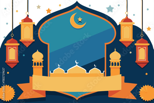 
Islamic celebration banner template with empty space for photo, copy space for text area, lantern and crescent decorative pattern background 