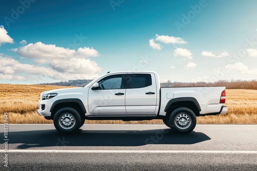 Modern powerful four door pickup truck in white shown from the side on the road unoccupied photo