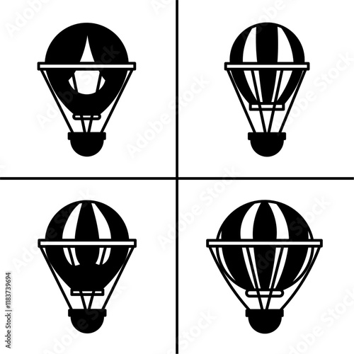 Vector black and white illustration of hot air ballon icon for business. Stock vector design.