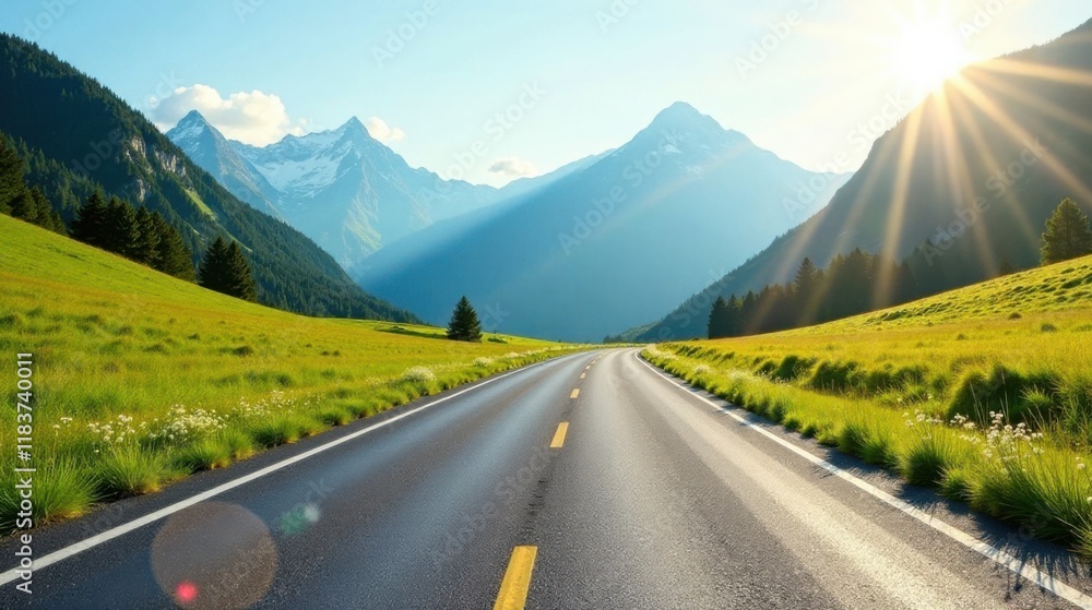 Naklejka premium Asphalt road leading through a sun-drenched alpine meadow towards majestic mountains