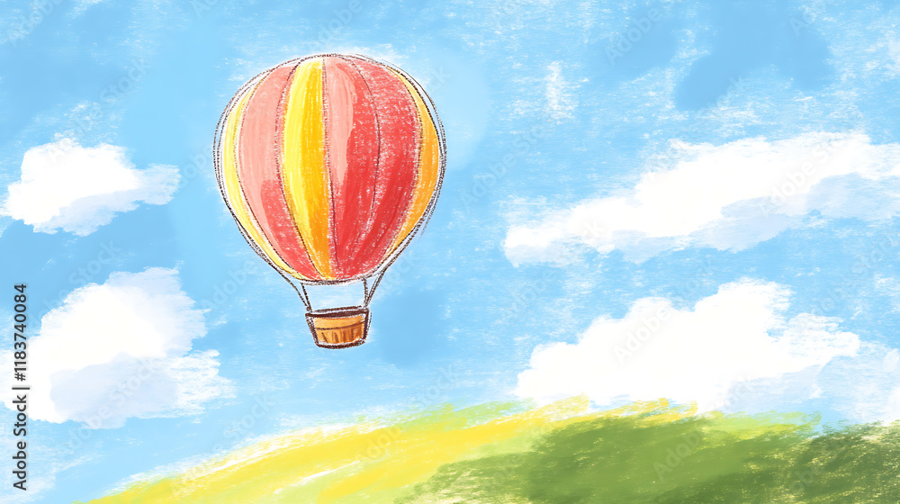 Fototapeta premium Hot air balloon floating in the sky 4 year old's simple scribble colorful juvenile crayon outline drawing
