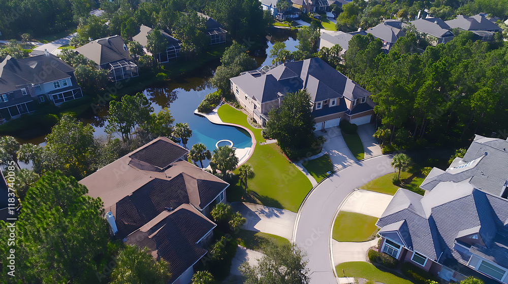 High aerial view over suburban houses in a residential neighborhood High aerial view over suburban houses in a residential neighborhood