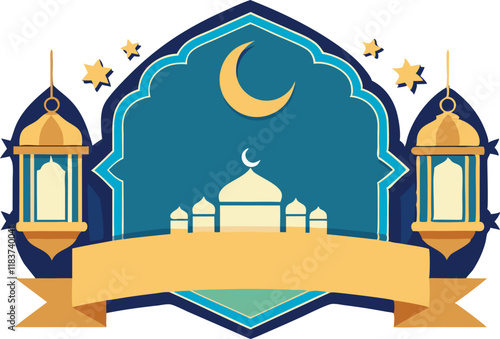 
Islamic celebration banner template with empty space for photo, copy space for text area, lantern and crescent decorative pattern background 