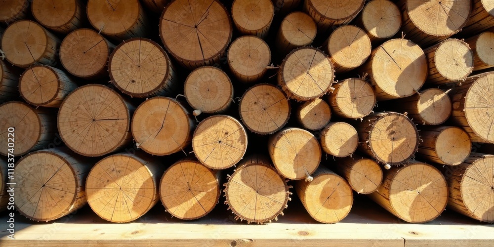 Stack of neatly arranged tree trunks, showing annual rings and sunlight patterns Stack of neatly arranged tree trunks, showing annual rings and sunlight patterns