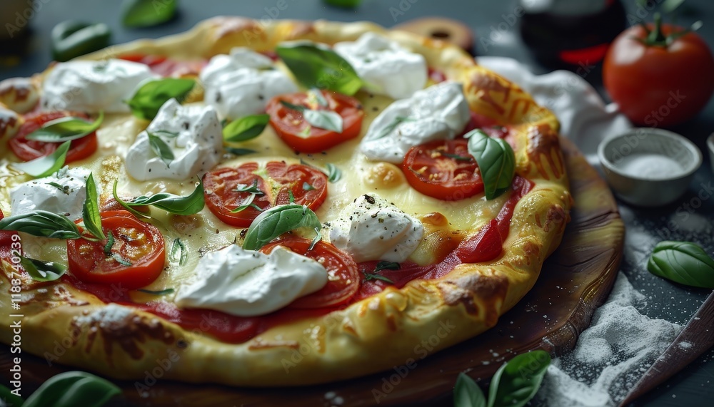 Delicious pizza with mozzarella, tomatoes and basil on wooden board. Delicious pizza with mozzarella, tomatoes and basil on wooden board.