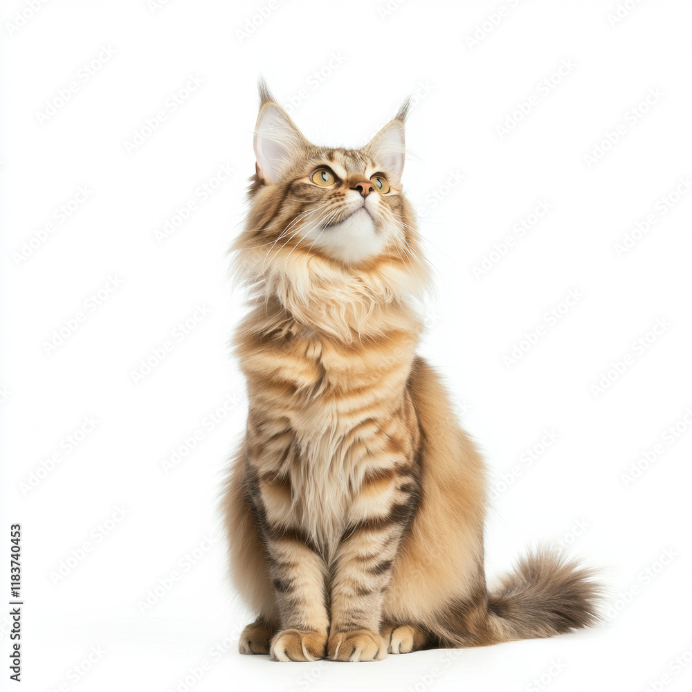 Obraz premium Majestic Maine Coon cat with fluffy fur, sitting gracefully and looking up