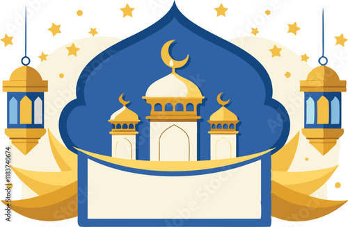 
Islamic celebration banner template with empty space for photo, copy space for text area, lantern and crescent decorative pattern background 