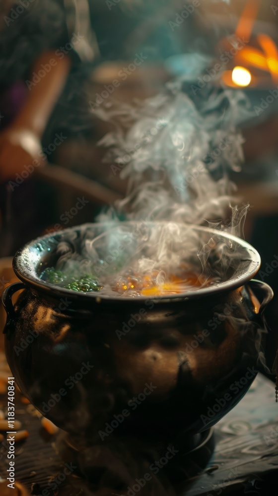 A traditional pot bubbles with colorful ingredients, releasing fragrant steam into the warm evening air. A sense of culinary magic unfolds in this outdoor kitchen setting. A traditional pot bubbles with colorful ingredients, releasing fragrant steam into the warm evening air. A sense of culinary magic unfolds in this outdoor kitchen setting.