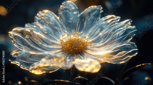 Glass Calendula flower, abstract floral glassmorphism wallpaper, translusent and luminous effect on dark background photo