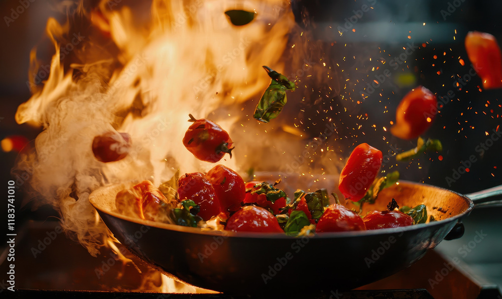Dynamic Stir-Fry in Action with Vibrant Red and Green Vegetables Amidst Flames Dynamic Stir-Fry in Action with Vibrant Red and Green Vegetables Amidst Flames