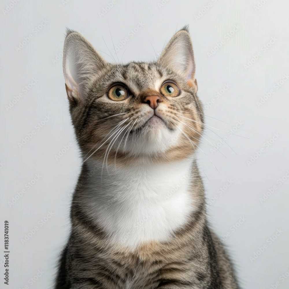 Curious tabby cat looking up with bright eyes and soft coat Curious tabby cat looking up with bright eyes and soft coat