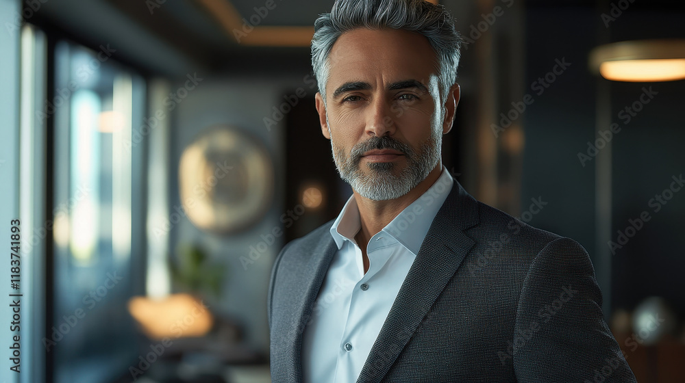 Editorial, eye-level, waist-up shot of an elegant man with grey hair and a short beard, wearing a business suit and standing in a modern office Editorial, eye-level, waist-up shot of an elegant man with grey hair and a short beard, wearing a business suit and standing in a modern office
