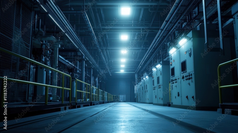 Obraz premium A dimly lit industrial corridor with overhead lights, showcasing machinery and equipment along the walls, creating an eerie yet fascinating atmosphere.