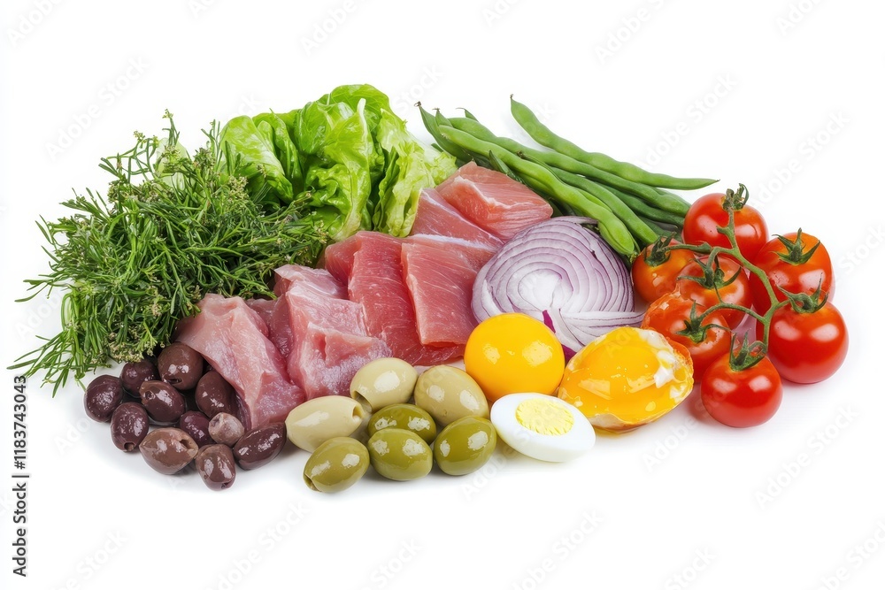 Nicoise salad features tuna egg green beans tomatoes olives lettuce onions and anchovies on a white backdrop Nutritious dish Nicoise salad features tuna egg green beans tomatoes olives lettuce onions and anchovies on a white backdrop Nutritious dish