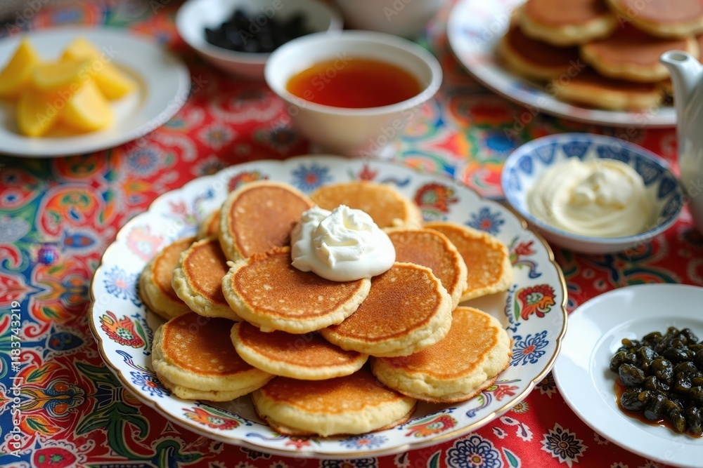 A table filled with traditional Russian Maslenitsa dishes. Pancakes, caviar, sour cream, honey, and tea served on a colorful tablecloth. A table filled with traditional Russian Maslenitsa dishes. Pancakes, caviar, sour cream, honey, and tea served on a colorful tablecloth.