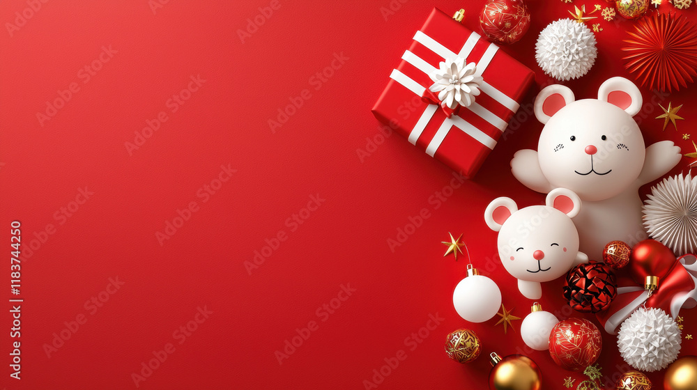 Festive red background with cute bear decorations, gift box, and ornaments for cheerful holiday celebration. arrangement includes white and red elements, creating joyful atmosphere Festive red background with cute bear decorations, gift box, and ornaments for cheerful holiday celebration. arrangement includes white and red elements, creating joyful atmosphere