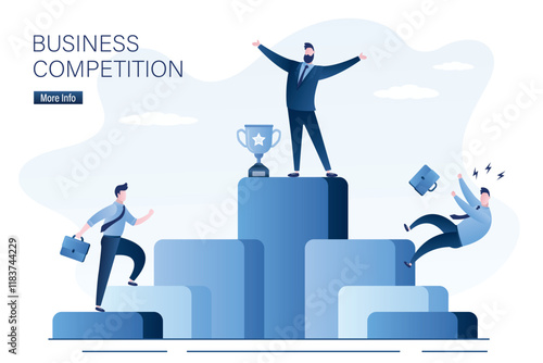 Business competition. Various business people climb corporate ladder. Employment hierarchy, career ladder. Winner and losers. Businessman leader on top, profit and big salary
