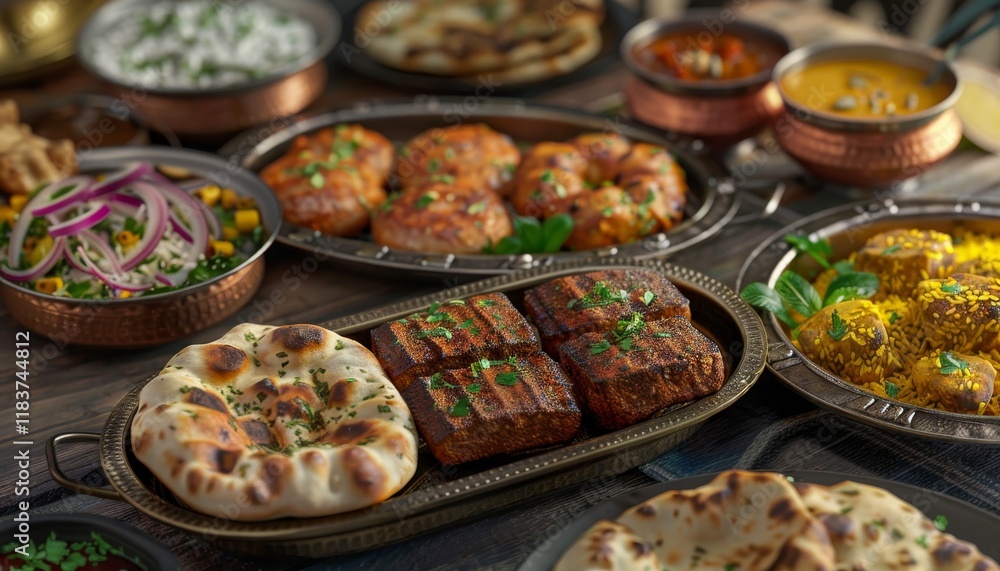 A spread of traditional Indian food on a wooden table, including naan, rice, curry, and grilled meats. A spread of traditional Indian food on a wooden table, including naan, rice, curry, and grilled meats.