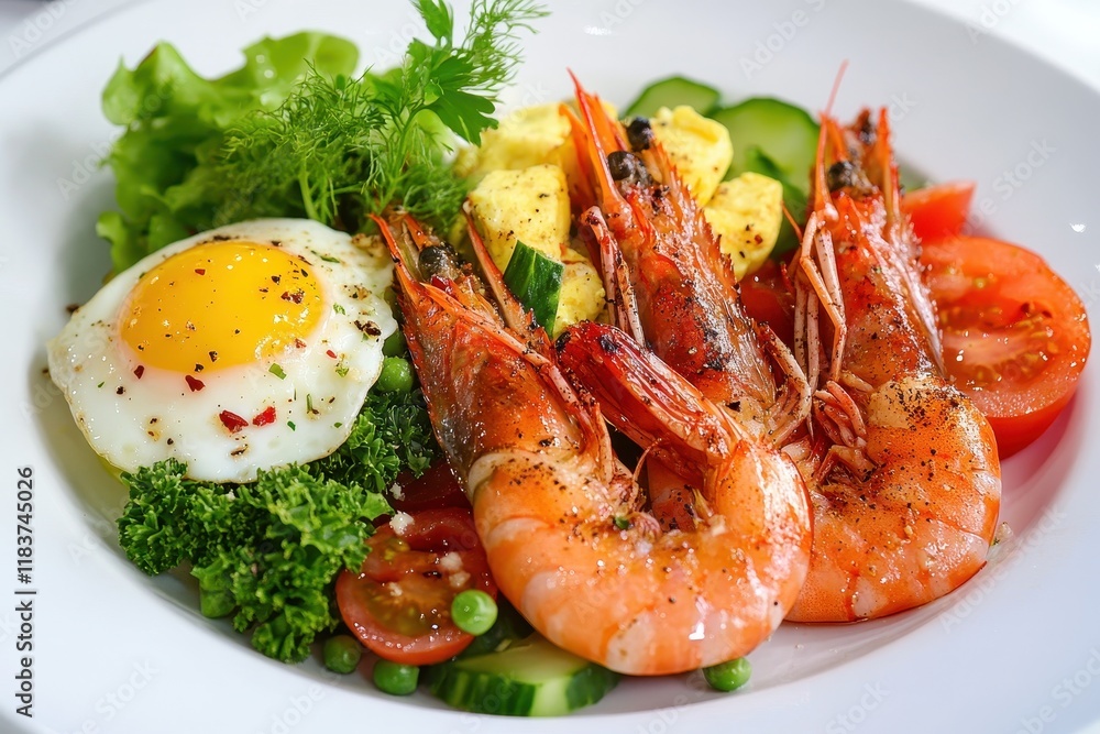 Nutritious salad with prawns fresh veggies and egg Nutritious salad with prawns fresh veggies and egg