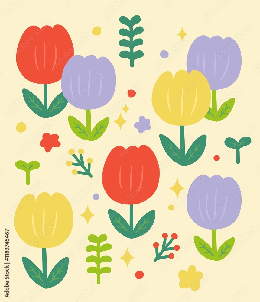 Fototapeta premium Cute Tulip flower and leaf pattern illustration