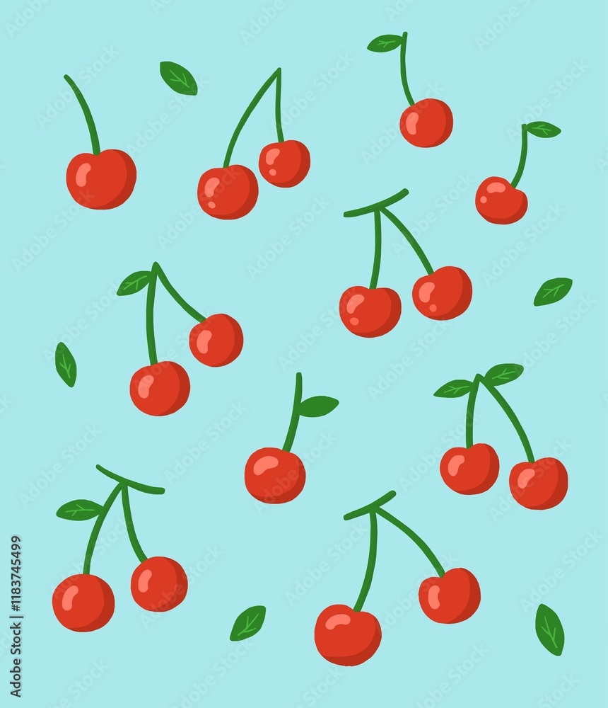 Pattern illustration with cherries and leaves on a blue background Pattern illustration with cherries and leaves on a blue background