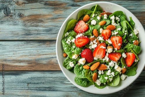 Nutritious spinach salad featuring strawberries feta and almonds in a white bowl on a wooden table Dietary option Bird s eye view photo