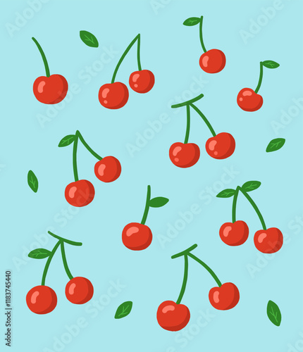 Pattern illustration with cherries and leaves on a blue background