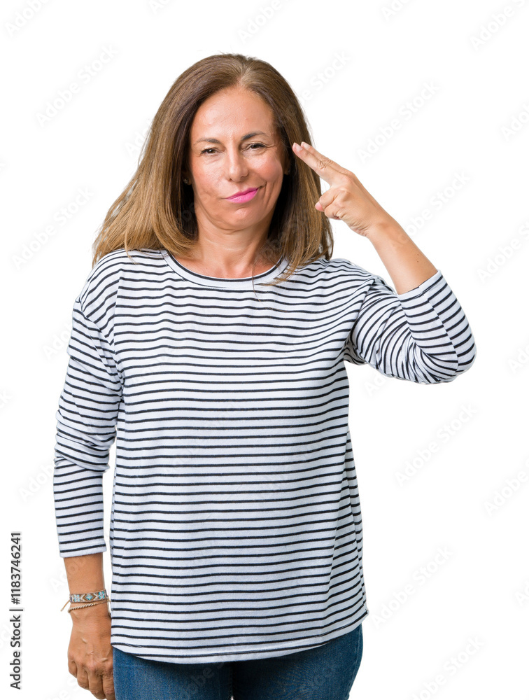Beautiful middle age woman wearing stripes sweater over isolated background Shooting and killing oneself pointing hand and fingers to head, suicide gesture. Beautiful middle age woman wearing stripes sweater over isolated background Shooting and killing oneself pointing hand and fingers to head, suicide gesture.