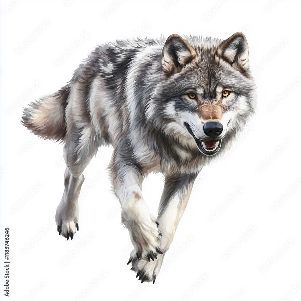Illustration of the Wolf running through the forest, soft watercolor tones, white background, detailed illustration, cartoonish. Illustration of the Wolf running through the forest, soft watercolor tones, white background, detailed illustration, cartoonish.