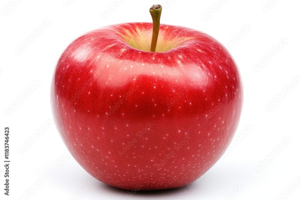 One red apple with a stem on a white backdrop One red apple with a stem on a white backdrop