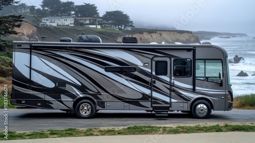 Class A bus parked by the Oceanside Cliffs