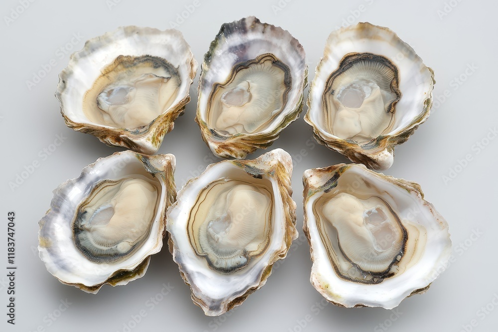 Overhead shot of fresh oysters on a gray table Gourmet seafood dining in a French restaurant Vertical layout Overhead shot of fresh oysters on a gray table Gourmet seafood dining in a French restaurant Vertical layout