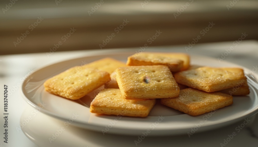 A plate of square crackers, some stacked on top of each other, with a blurred background. A plate of square crackers, some stacked on top of each other, with a blurred background.