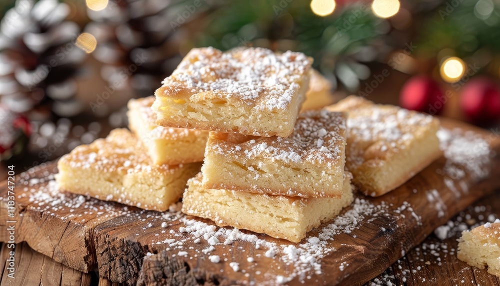 A stack of freshly baked shortbread cookies dusted with powdered sugar on a wooden board. A stack of freshly baked shortbread cookies dusted with powdered sugar on a wooden board.