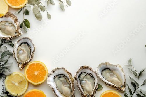 Oysters and lemon against a light backdrop photo