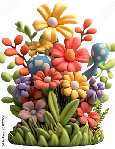 Stylized floral arrangement with whimsical mushrooms, transparent background png