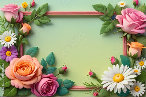 Wallpaper Mural 中央に長方形の枠を持つ、色鮮やかな花のイラスト。バラ、ボタン、マーガレットなどのカラフルな花々と、豊かな緑の葉で囲まれています。これらのイメージは、カード、招待状、装飾デザインに最適で、繊細なディテールとパステルカラーを明るい背景や自然をテーマにした構図で組み合わせています。

 Torontodigital.ca