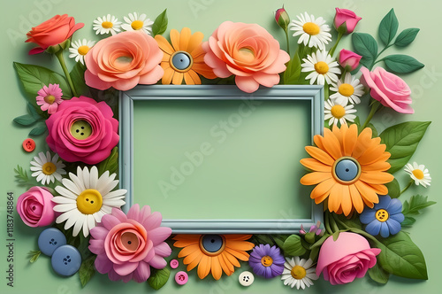 中央に長方形の枠を持つ、色鮮やかな花のイラスト。バラ、ボタン、マーガレットなどのカラフルな花々と、豊かな緑の葉で囲まれています。これらのイメージは、カード、招待状、装飾デザインに最適で、繊細なディテールとパステルカラーを明るい背景や自然をテーマにした構図で組み合わせています。

