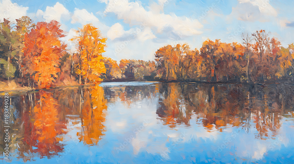 The picture painted bright autumn trees on blue lake, river, pond, a beautiful time of year, oil painting The picture painted bright autumn trees on blue lake, river, pond, a beautiful time of year, oil painting