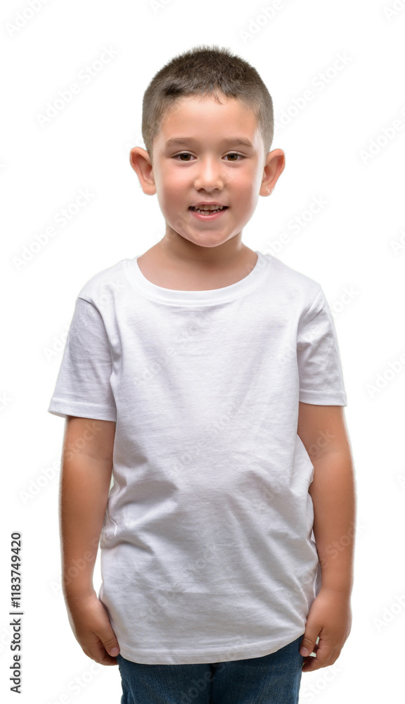 Dark haired little child with a happy face standing and smiling with a confident smile showing teeth Dark haired little child with a happy face standing and smiling with a confident smile showing teeth