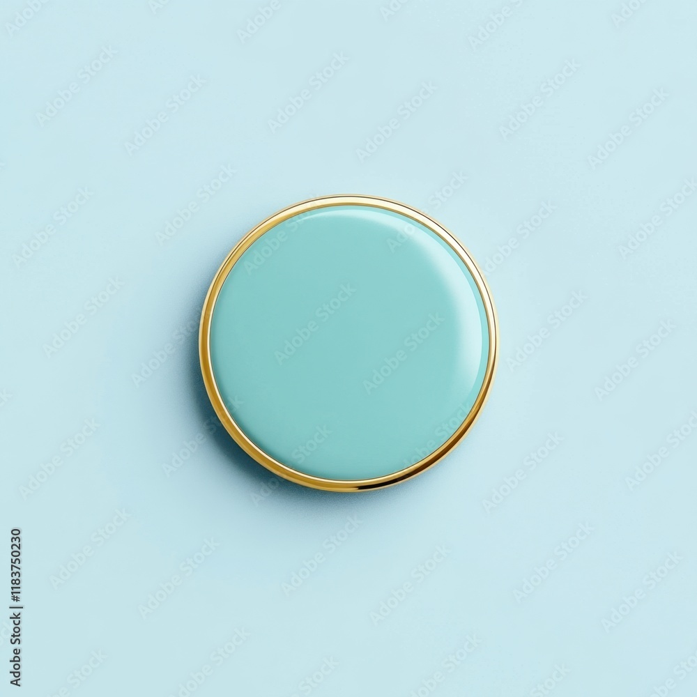 A minimalist, round turquoise button with a gold rim set against a soft blue background, evoking a sense of elegance and simplicity. A minimalist, round turquoise button with a gold rim set against a soft blue background, evoking a sense of elegance and simplicity.