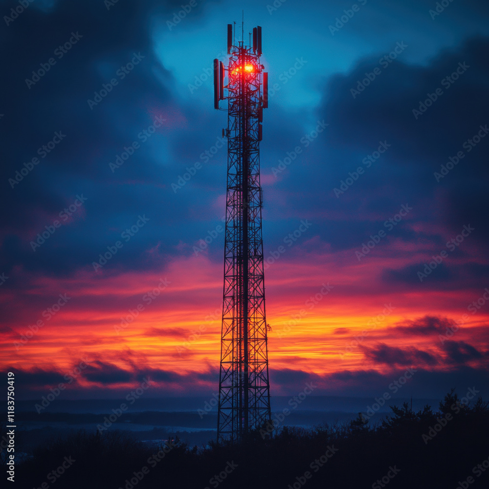 Fototapeta premium tall communication tower stands against dramatic sunset sky, with vibrant orange and blue hues creating striking contrast. tower lights glow brightly, adding to scene intensity